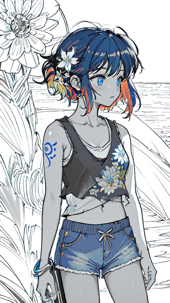 (monochrome:1.3), (lineart-style:1.3),(masterpiece, best quality, ultra detailed, ultra high resolusion, highres,8k:1.4), BREAK,(from front:1.2), 20_years_old, 1giri grin, beach, (looking away:1.7), (dark_skin:1.2),(tribal_tatoo:1.2),(wavy hairs),(messy hair),(asymmetry bangs),(multicolored hair),
Tsurime Eyes, (((blue eyes))),
((flower hair ornament)),(shortpants,tanktop:1.4),