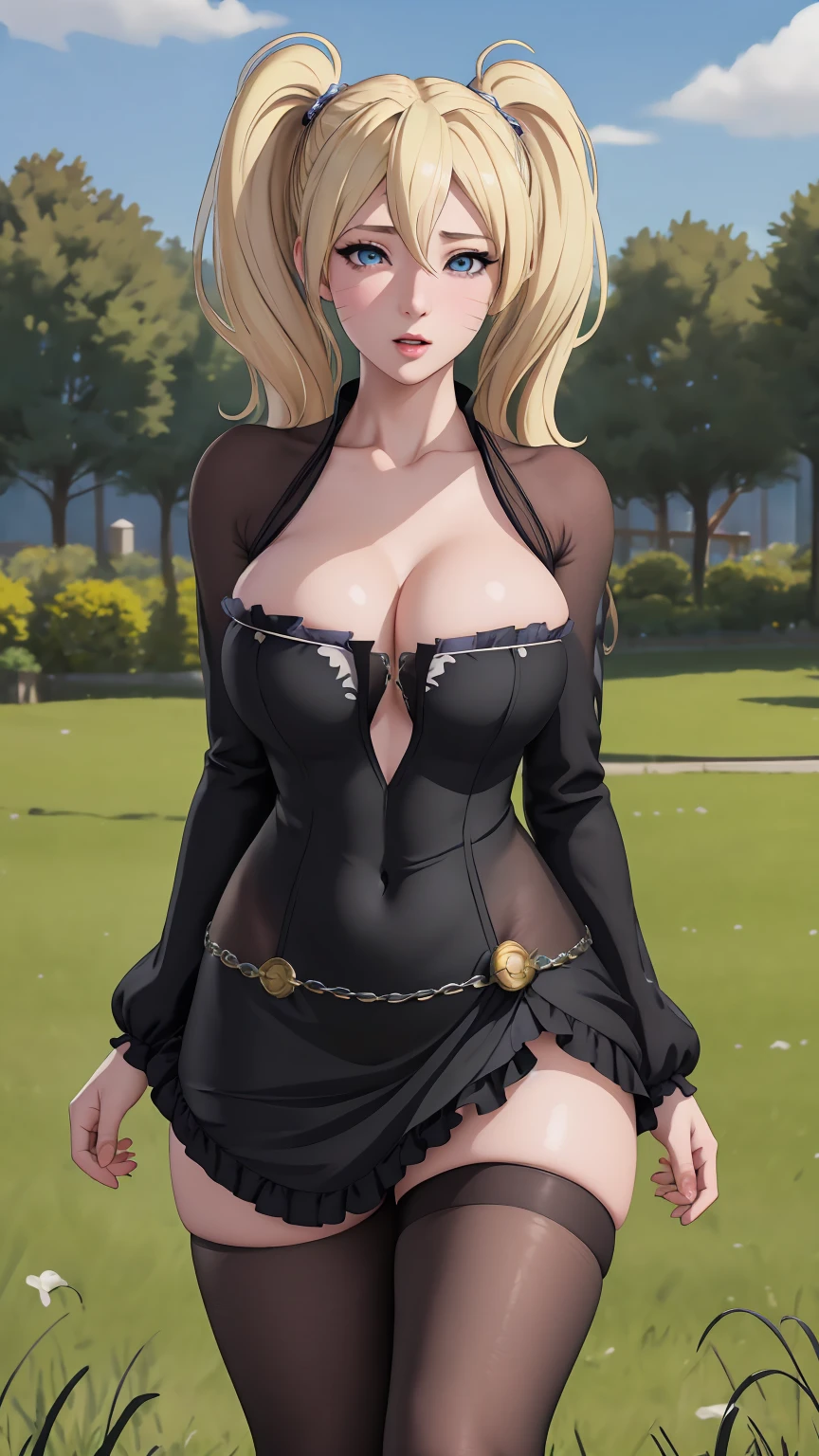 masterpiece, best quality, extremely detail 8k cg, high resolution, 1girl, narukouzumaki, twintails, wisker marks, blonde hair, blue eyes, perfect eyes, slim body, huge breasts, bursting breasts, lacasindress, black thighhighs, cleavage, outdoors, garden, beautiful face, full shot photo, full body