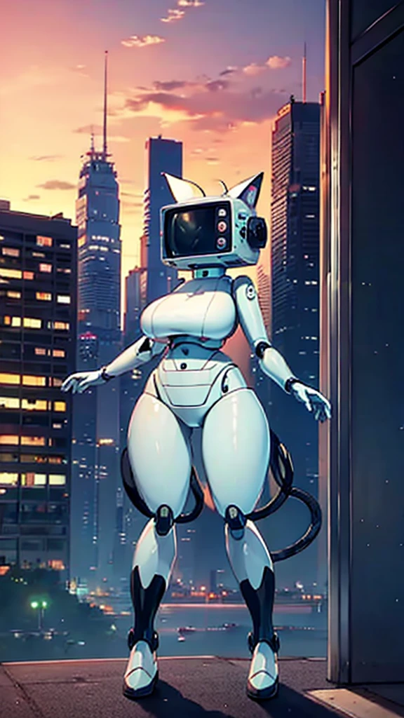 TV screen head robot girl extra big breast cat ears cat tail sci-fi city full-body shot