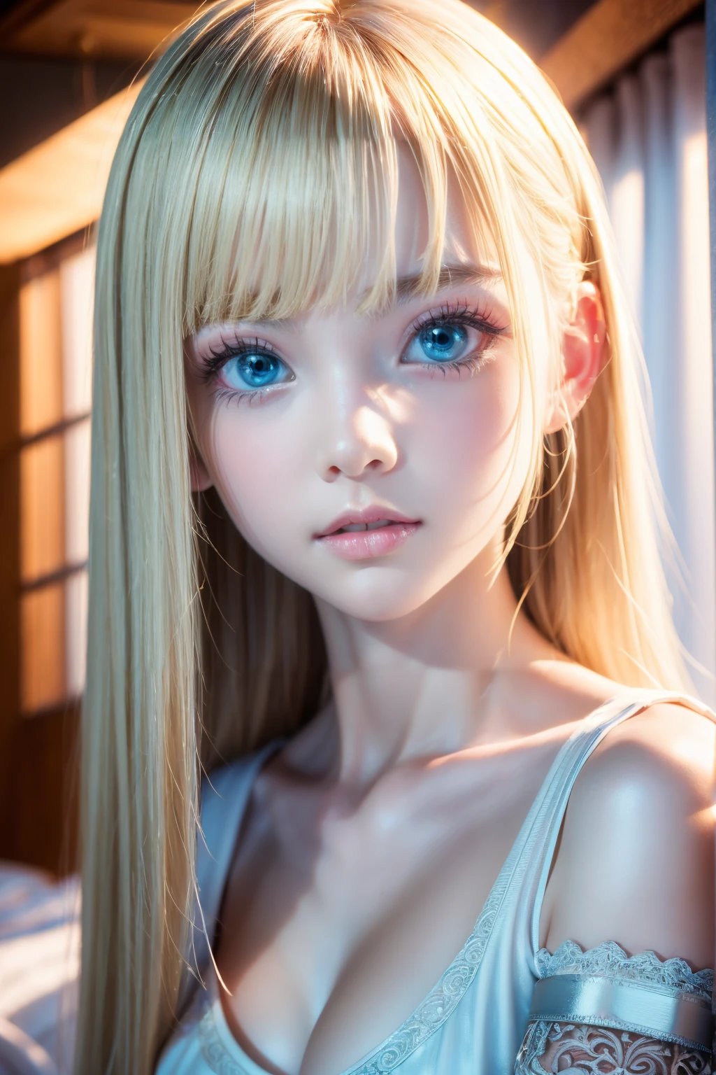 Innocent 13 year old beautiful blonde girl、Beautiful shining platinum blonde hair、bangs fall on face、((Wearing an open white T-shirt,Dramatic Pose)),sexy look,Super long straight blonde silky hair,Bed Background,Beach Background、RAW Photos, (8k、highest quality、masterpiece:1.2)、(Intricate details:1.4)、(Realistic:1.4)、Octane Rendering、Ultra-detailed with exquisite 3D rendering, Studio Soft Light, Rim Light, Crisp details, Super Detail, Realistic skin texture, Cheek gloss、Detailed aspect, Very beautiful bright pale blue eyes, Very big eyes、Highly detailed CG Unity 16k wallpaper, Perfect beauty、Round face、compensate, (Detailed Background:1.2), Shiny skin, whole body、From head to thighs、Cleavage,((sleep with your head up、Angle of view from above))