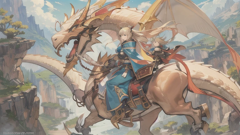 Man riding a dragon, Final Fantasy Tactics characters, teenage girl Ride the Dragon, Mechanized Valkyrie Girl, From Xenoblade Chronicles, Ride the Dragon, dragon rider, final fantasy 1 2 style,Thin golden dragon,Cape,Open chest、Bare thighs,pterosaur,Healing,blue sky,Long-sleeved kimono,Big Breasts
