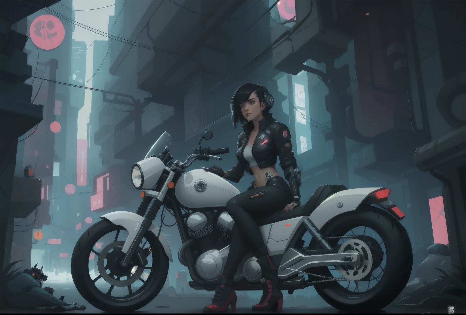 topless Cyberpunk woman in a cyberpunk world, sit on motorcycle