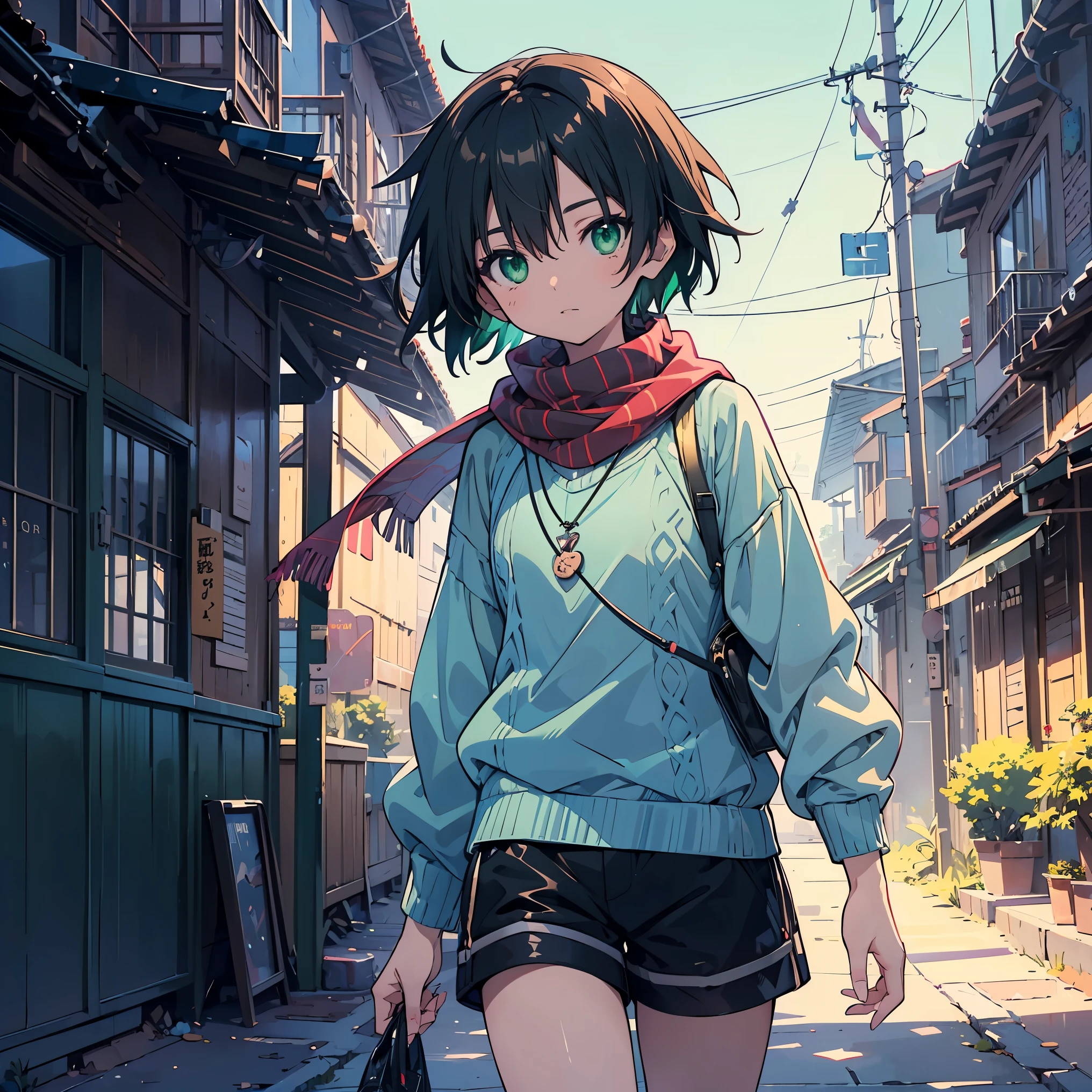 (masterpiece:1.2), (highest quality:1.2), Ultra-high resolution, Super detailed, Perfect Eyes, Perfect Face, Perfect lighting,((Anime girl walking with headphones)), front、whole body, Surreal girl, (one person,Lolita,boyish, , 13 years old:1.3),Full Finger,, Androgynous charm, (Very short hair), Black Hair, Messy Hair, small and soft breasts,Slender body, Small Ass, Small green eyes,Detailed and beautiful eyes, Well-proportioned iris and pupil, Expressive eyes, Beautifully detailed lips, High resolution detailed hair, ((light green sweater:1.4)),((Black shorts:1.3)),((Red scarf)),Ultra-dense skin, (Warm lighting), Gweiz-style artwork, Makoto Shinkai's art style, lofi portrait, Digital anime art, Makoto Shinkai style, LOFI Girl, Anime-style illustrations, lofi art style, Anime illustration