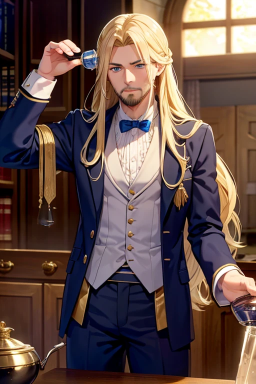 A muscular blonde haired male wizard with blue eyes with a dark beard and long hair in a student's suit is making a potion in a cauldron