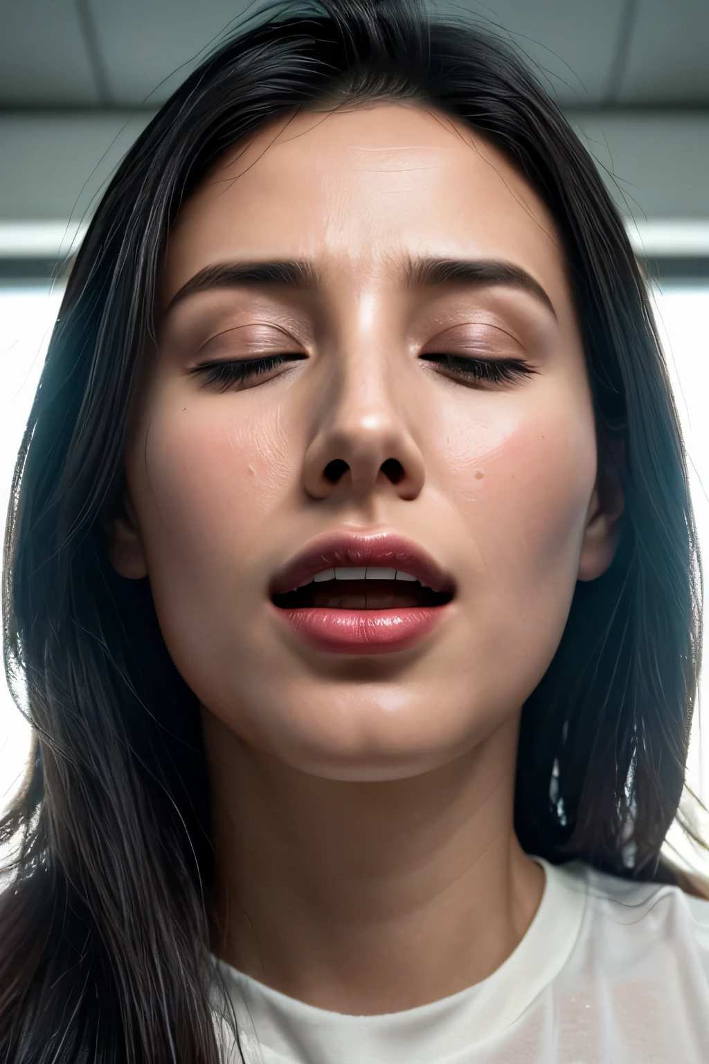 Flying debris,Award-winning photography, Very detailed, Edge Orgasm, Woman with open mouth and closed eyes , Sweaty skin、Lighting that accentuates the shine of sweat{{{Spread the word }}}, Black Hair、Browsing Caution,{{{{A large male audience}}}},(elongated nostrils)、Lighting from below、Frowning,Ultra-high resolution, retina, Accurate, Textured skin, Super Detail, Attention to detail,Realistic skin texture,Realistic pores,Hair,