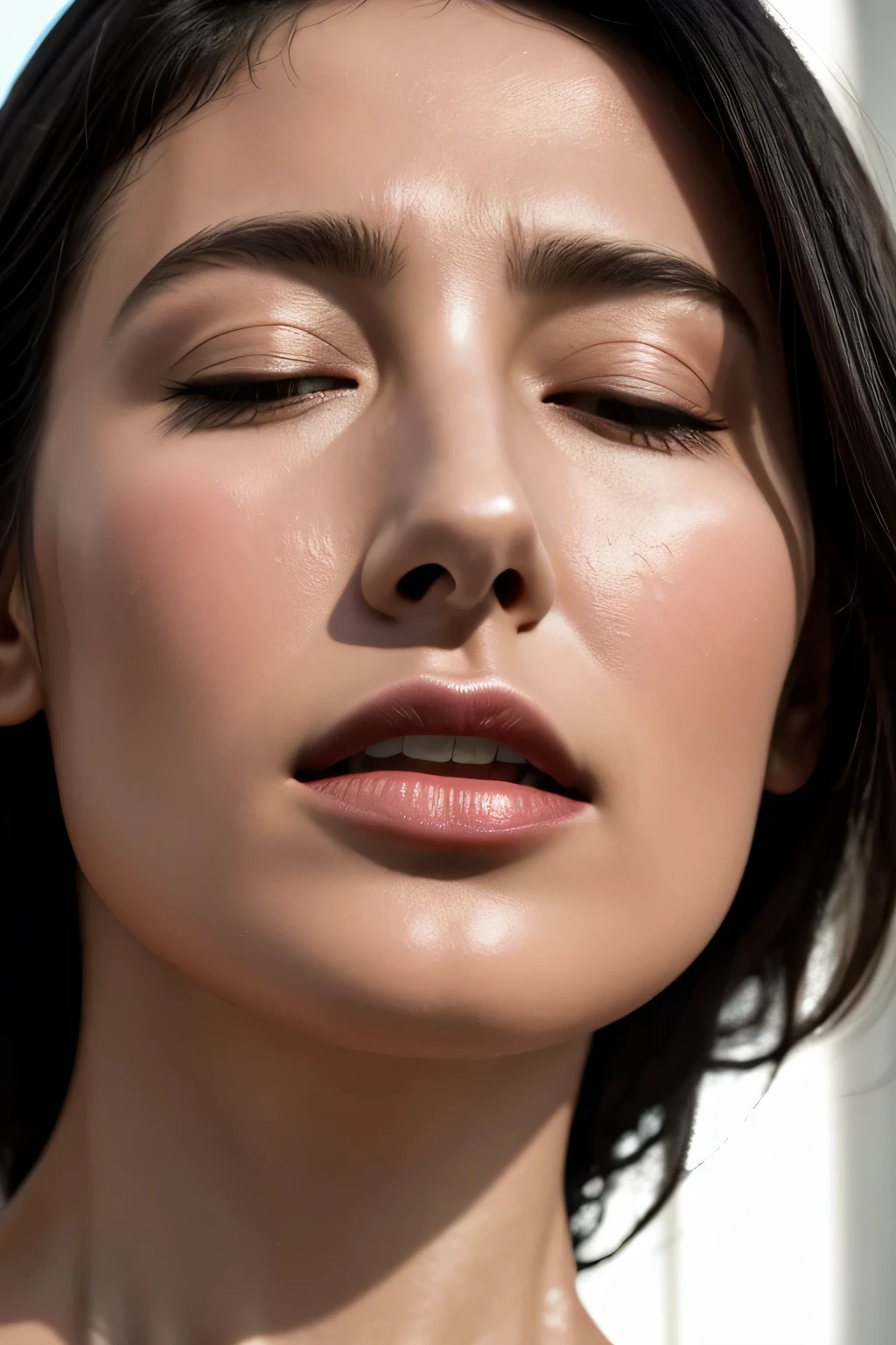 Flying debris,Award-winning photography, Very detailed, Edge Orgasm, Woman with open mouth and closed eyes , Sweaty skin、Lighting that accentuates the shine of sweat{{{Spread the word }}}, Black Hair、Browsing Caution,{{{{A large male audience}}}},(elongated nostrils)、Lighting from below、Frowning,Ultra-high resolution, retina, Accurate, Textured skin, Super Detail, Attention to detail,Realistic skin texture,Realistic pores,Hair,