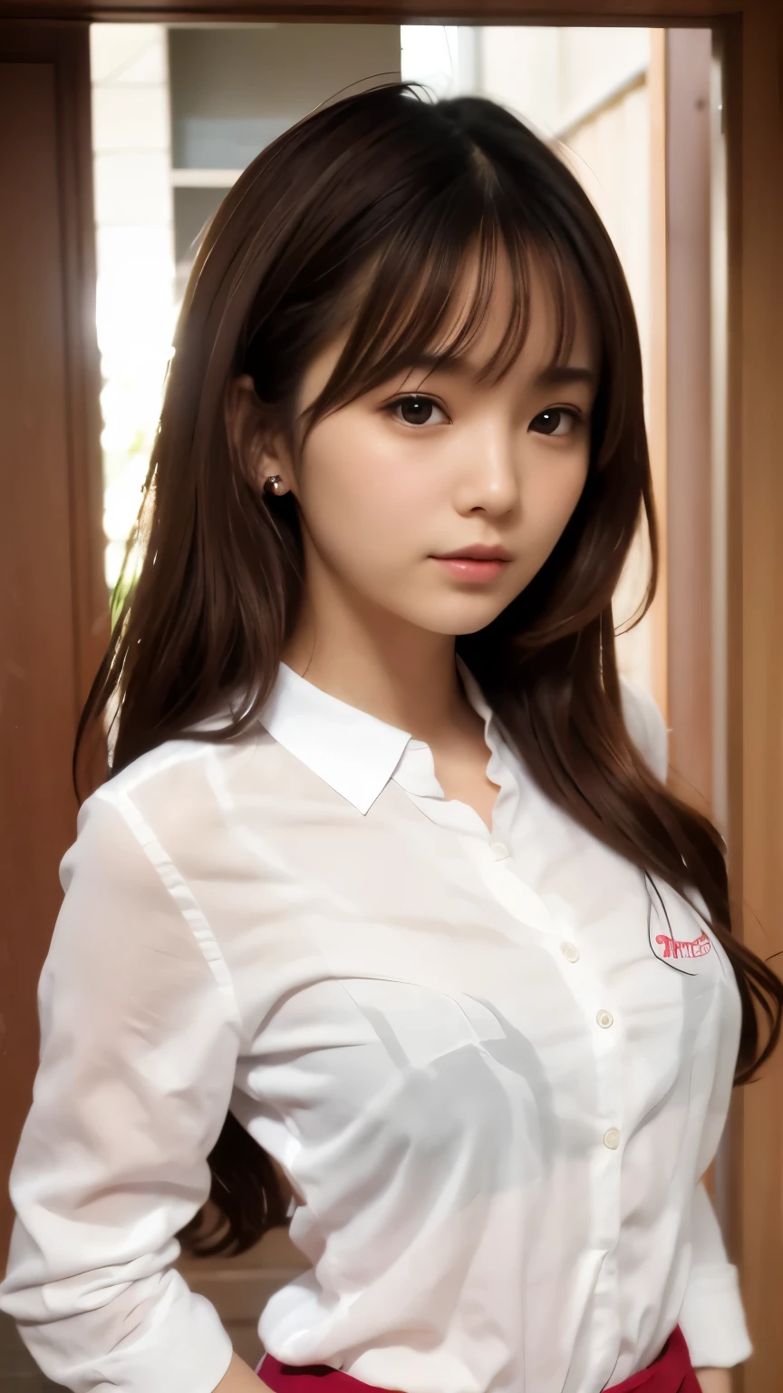 ((realism、Realistic、Photorealistic))、red bra, White shirt:1.5、masterpiece、highest quality、Highest Resolution、Highest quality、Ultra-compact、Super detailed、Surreal、Realistic textured face and skin、RAW Photos、Photorealistic、While staring at this、Japanese Girls、beautiful girl、Pink Interpolated Color、Pleated skirts in dark colors