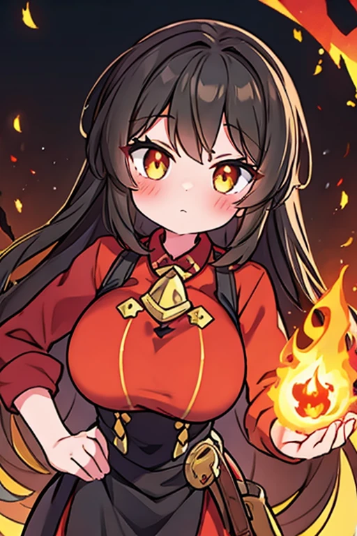 1girl, cute young girl, solo, blush, (Charcoal Brunette hair), ((slightly messy hair)), (very long hair), Beautiful Amber eyes, ((excessively large Breasts)), ((Massive Breasted)), a (Red shirt with a flame pattern at the edges), Black hood, Black Skirt, Putting one hand on her hip, and has her other hand open with a little flame on it, with a focused facial expression. ((detail face)), 8k, super detail, masterpiece, high quality, high resolution, high detail, high face detail, HD quality, very cute, bright, very wide hips, she is learning to be a “Pyromancer” or “Fire Mage”,