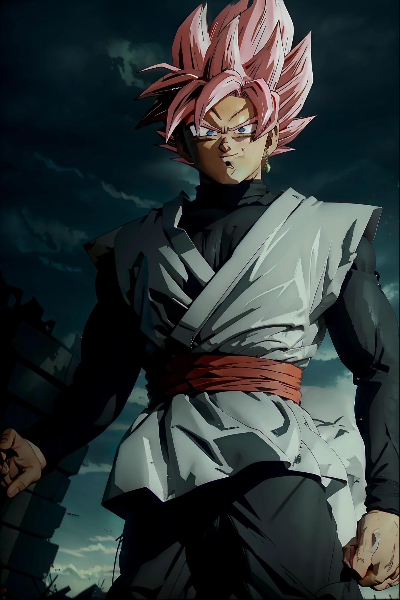 best_QualityPos, RAW Photo, intricate details, Best quality, 8k hd, soft lighting, 1 boy, Alone, spiky hair, pink hair, pink eyes, Super Saiyan, single earring, dougi.Goku Black is standing on the wreckage of a city devastated, surrounded by ruined buildings and smoldering rubble. The sky is darkened by storm clouds, and lightning cuts through the air, intermittently illuminating the desolate landscape. The setting is dark and desolate, reflecting the destruction caused by Goku Black's imminent threat. His sinister presence stands out against the apocalyptic backdrop, his imposing figure conveying a sense of evil power and imminent threat,very details of your face ,perfect face,perfect hands,perfect anatomy , the camera is capturing your face very detailed