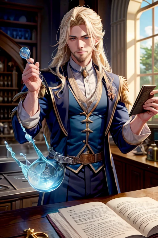 A muscular blonde haired male wizard with blue eyes with a dark beard and long hair in a student's suit is making a potion in a cauldron
