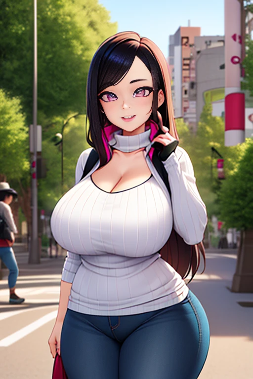 1 girl, (((bimbo))), perfect face, perfect eyes, looking at viewer, blonde hair, puffy lips, thick lips, wide hips, thick thighs, craving lust face, huge natural breasts, cleavage, mature mom, perfect face, perfect eyes, pink eyes, outdoors, city street, tokyo, turtleneck sweater, ribbed sweater, jeans, blond hair, long hair, black neck choker, kitagawa marin, cowboy shot, sexy pose, vivid colors
