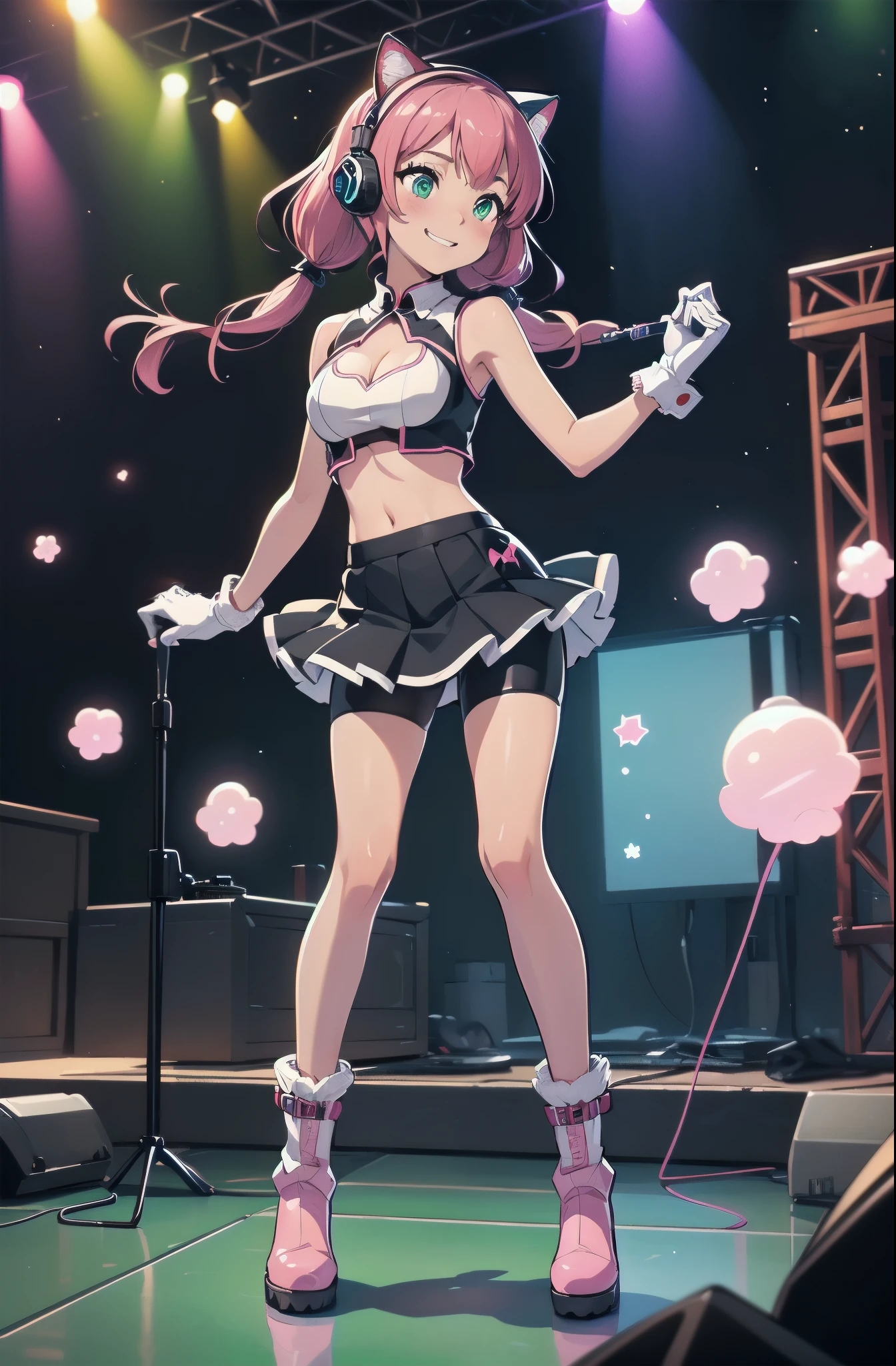 1girl, solo, masterpiece, pop idol, pink hair, pigtails, twin-tails, green eyes, blush, smile, cute face, (cat-eared headphones), idol outfit, ((frilly, midriff, sleeveless, 1cutout, cleavage cutout, matching gloves)), ((matching boots)), ((bike shorts, pleated skirt, miniskirt)), (bubbles, stage backdrop), day, depth of field, cowboy shot, sparkles, full body shot, full body with costume, perfect anatomy, standing, age 17, ((perfect hands)). medium breasts