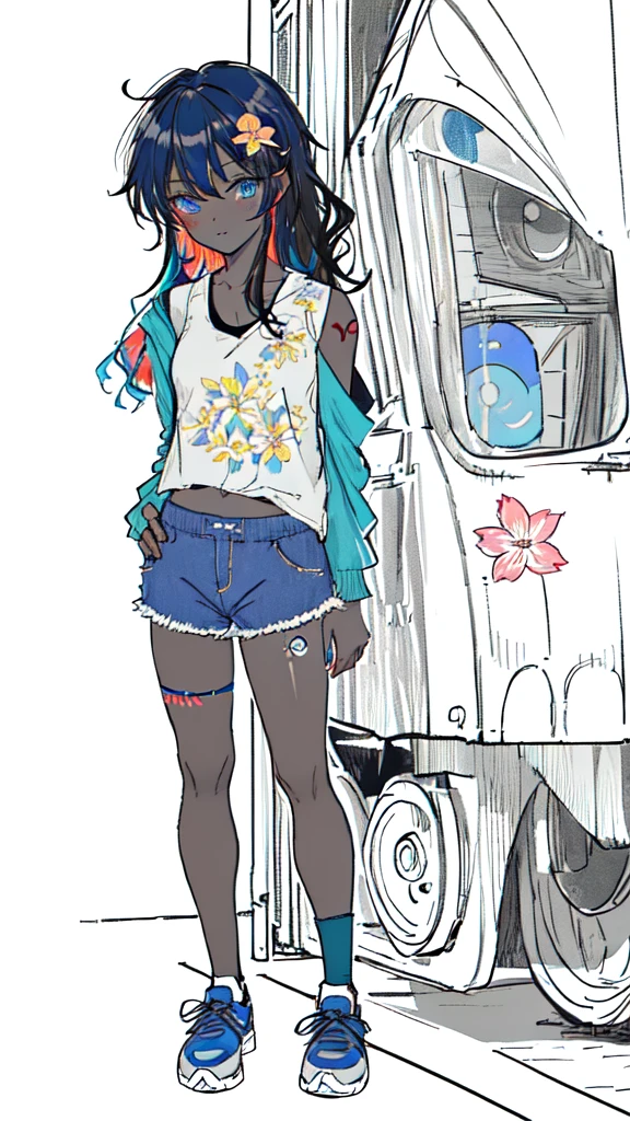 (monochrome:1.3), (lineart-style:1.3),(masterpiece, best quality, ultra detailed, ultra high resolusion, highres,8k:1.4), BREAK,(from front:1.2), 20_years_old, 1giri grin, (dark_skin:1.2),(tribal_tatoo:1.2),(wavy hairs),(messy hair),(asymmetry bangs),(multicolored hair), 
Tsurime Eyes, (((blue eyes))),
((flower hair ornament)),(shortpants,tanktop:1.4),