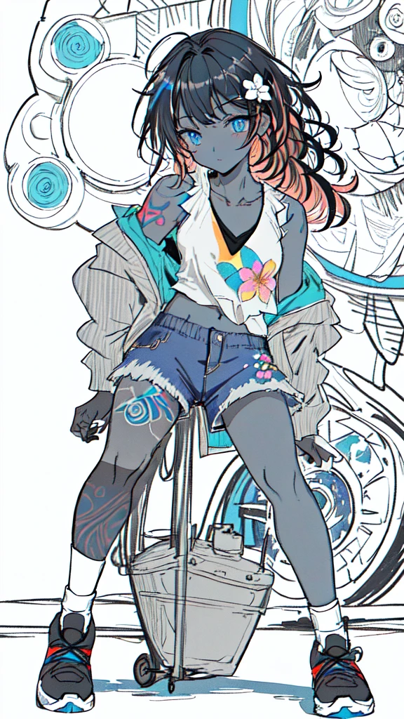 (monochrome:1.3), (lineart-style:1.3),(masterpiece, best quality, ultra detailed, ultra high resolusion, highres,8k:1.4), BREAK,(from front:1.2), 20_years_old, 1giri grin, (dark_skin:1.2),(tribal_tatoo:1.2),(wavy hairs),(messy hair),(asymmetry bangs),(multicolored hair), 
Tsurime Eyes, (((blue eyes))),
((flower hair ornament)),(shortpants,tanktop:1.4),