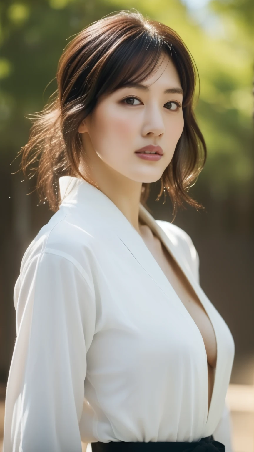 ((highest quality, 8k, Representative works in detail, Ultra-high resolution)), Japanese women,Age 25、 (Looking at the audience), (Mid Shot:), Mouth in a straight line、A little chubby:0.25, big breasts((highest quality, 8k, masterpiece: 1.3)), Sharp focus: 1.2, Beautiful woman with muscular body: 1.4, Tall Woman, Arms hanging down, Slim abdomen: 1.2, ((big: 1.2)), Wet body: 1.1, Very detailed face and skin texture, Beautiful Eyes, double eyelid, Sunburned skin, Sunburned, Sweaty skin, 1 girl, Short Bob, layered hair, Short and cute hairstyles, Intricate details, Cinematic atmosphere, 8k, Very detailed, (Realistic, photoRealistic: 1.37), Very detailed, highest quality, Realistic, Very delicate and beautiful, RAW Photos, (((Professional Lighting)), Facial lighting, Depth of written border, Single Focus, ((judo)),(公式judo着を着用), Black beltを持つ、((Long sleeve)), (wear a t-shirt)), (Muscular and healthy), Small Head, (((Beautiful Eyes)), True Face, Realistic face, True Face, Beautiful Eyes, (Fashionable hairstyles: 1.3), Audience, (Cool Japanese women)), intellectual, Sports, Rin々Funny face, (Mouth closed), Fine and Beautiful Eyes, (dojo: 1.3), judo選手, Healthy Body, (Big Breasts)White T-shirt、((Black belt))