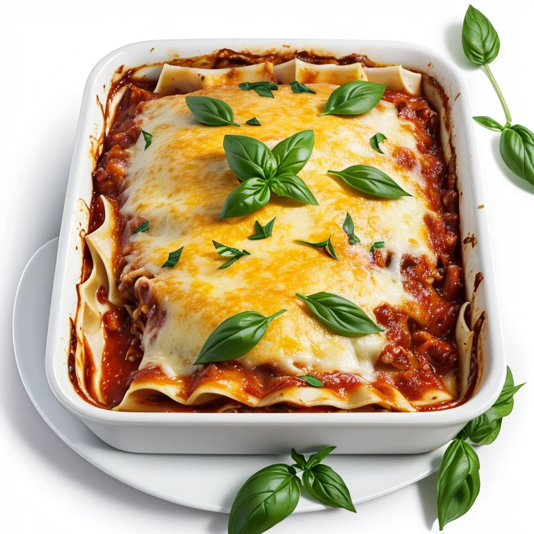 Create me a picture of a piece of lasagne garnished with basil with a white background 