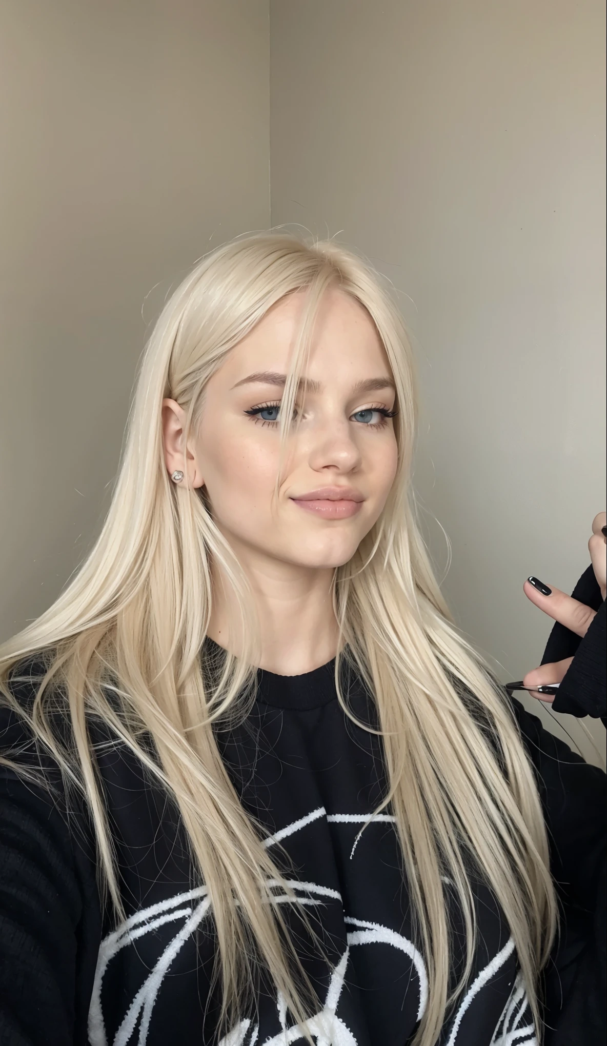 Blonde woman with long hair and piercings taking a selfie, chica perfecta de pelo blanco, extremely pale blonde hair, ava max, very very pale blonde hair, pelo largo y blanco y flequillo, Cabello largo rubio platino, su cabello es blanco, una chica con cabello rubio, pelo largo y rubio y ojos grandes, con pelo largo y rubio, chica con pelo blanco, blanco - pelo rubio