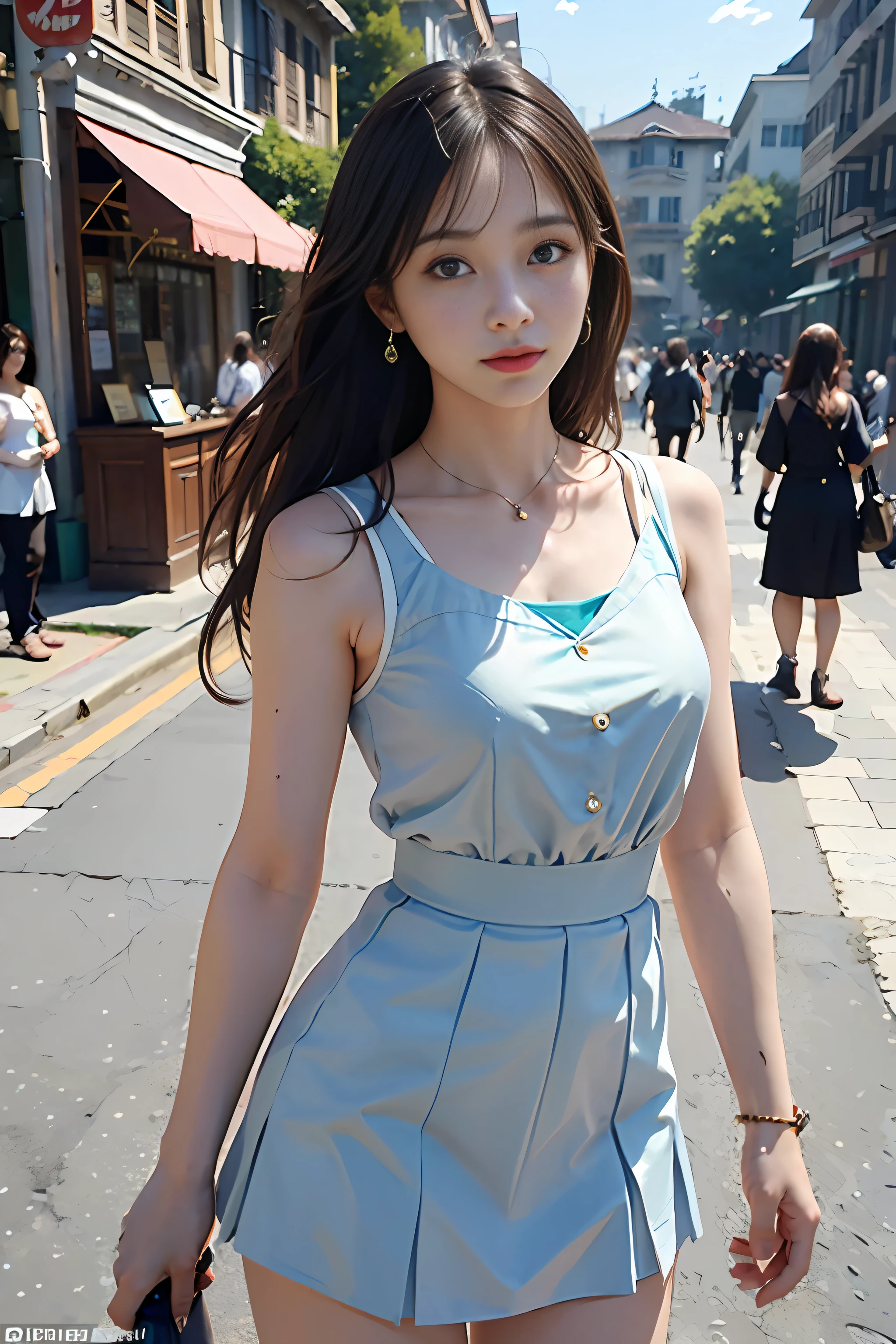 (Best quality, 8K, Masterpiece: 1.3), Clear focus: 1.2, Beauty: 1.4, Abs: 1.1, Brown hair, Aqua dress: 1.4, Night outdoors: 1.1, City streets, fine face and eyes, double eyelids. Realistic lighting added, pay attention to adjust the proportions.