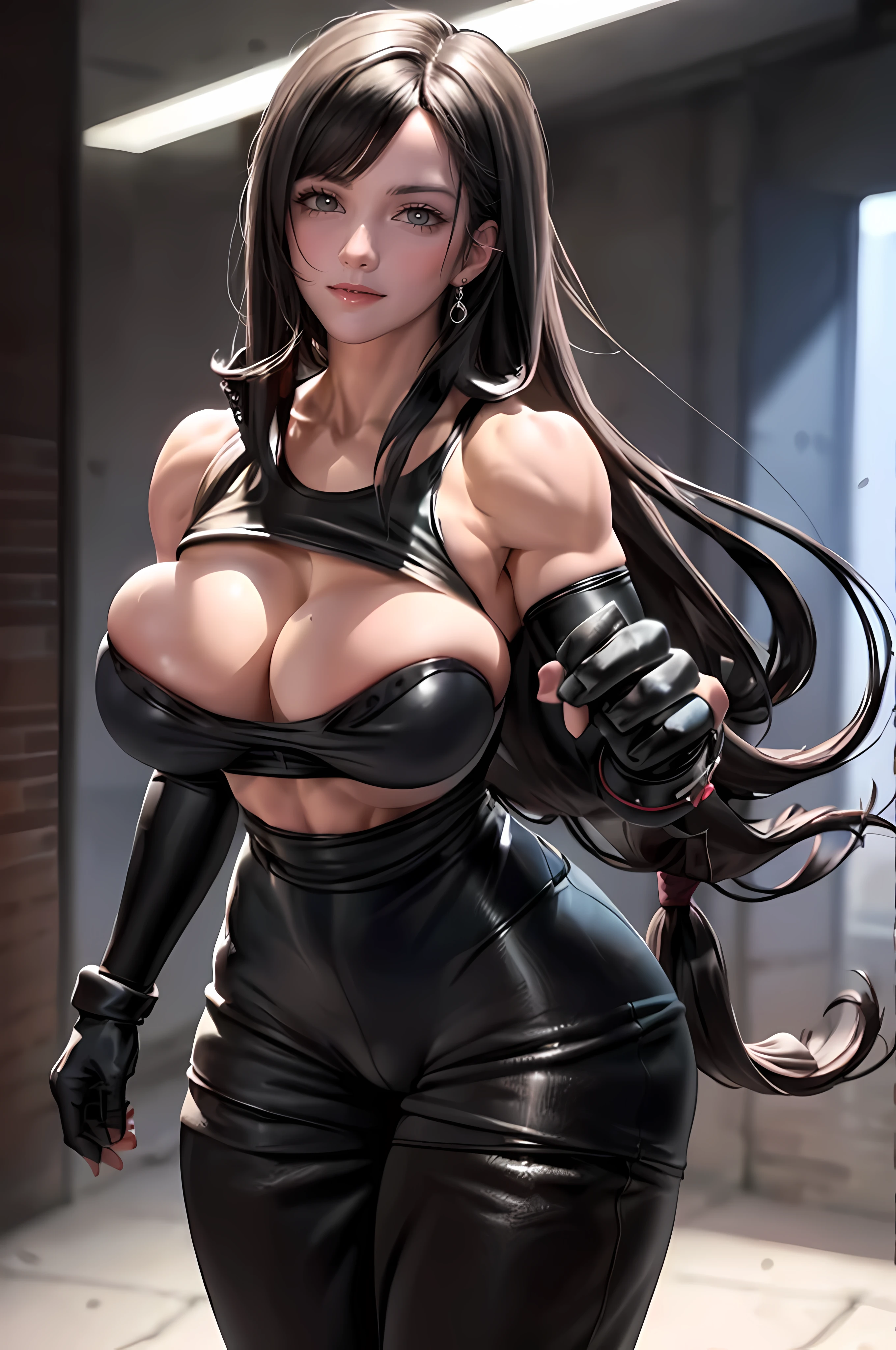 (8k, best quality, masterpiece:1.2), (realistic, photo-realistic:1.37), ultra-detailed, 1 girl,cute, solo, (tifa lockhart), (((((huge breasts:1.5))))), (((((Massive Female Bodybuilder:1.5))))), (((huge muscular ass:1.3))), (((nsfw:1.2))) , beautiful detailed eyes, (smile:1.2), (closed mouth), erotic pose, dancing, neon lights, cityscape, depth of field, dark intense shadows, sharp focus, cars, motion blur, motor bikes, depth of field, good composition, green glowing light, Final Fantasy VII, single elbow pad, ankle boots, black hair, black thighhighs, red boots, elbow gloves, elbow pads, fingerless gloves, taut shirt, sports bra, thighhighs, white tank top, full body, lips, pretty face, very long hair, ((red_eyes)), yellow flowers, (night:1.3), intricate, bokeh, cinematic lighting, photon mapping, radiosity, physically-based rendering, (Tetsuya Nomura style)