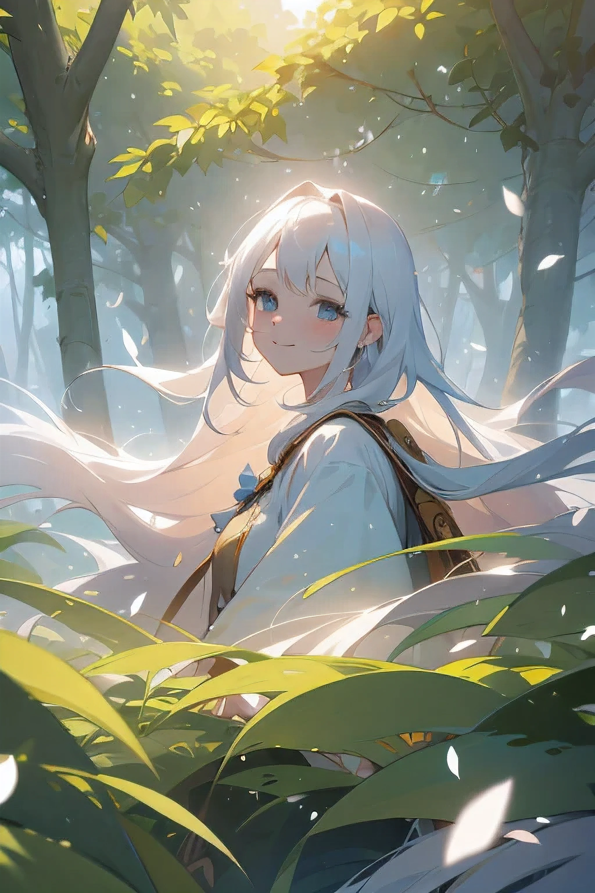 (top quality, masterpiece, ultra-realistic,4k), one beautiful delicate portrait of a girl with long hair, white hair, smiling, soft and peaceful expression, big round sparkling eyes,quality eyes , the background landscape is a jungle with petals and puffs flying around, The girl stands next to the old tree, this is a panoramic picture. --v6 eyes filled with stars.