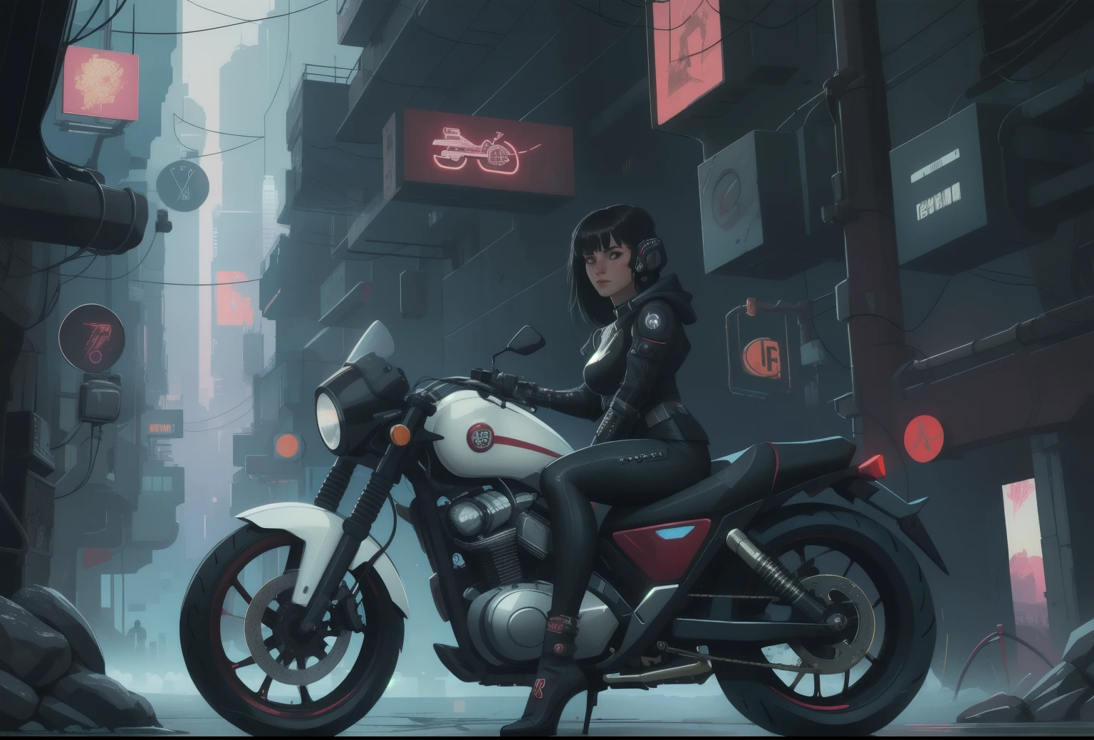 Cyberpunk woman in a cyberpunk world, sit on motorcycle
