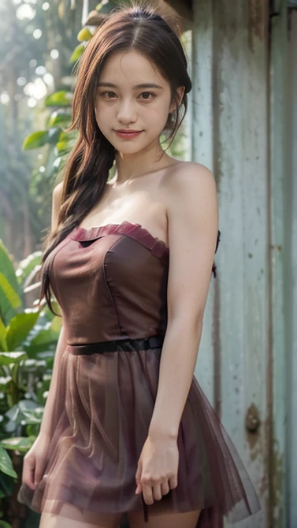 (Masterpiece:1.4), CG Unity 8K walpaper, ((realistic: 1.2)), Ray tracing, K, 22-year-old beautiful girl, Asian realistic girl, Ultra realistic, Ultra HD, 1 woman, blacK hair, long hair, ponytail, stand, Abandoned in the forest, Green plants, rain forest, soft light,  morning light, There is fog in the morning., realistic, smooth face, full body shot, ((Burgundy Sweetheart Tulle High Low Homecoming Dress)), perfect eyes, Beautiful smile, ((smile: 1.2)), Stylish looK, sexy corner, realistic SKin, perfect youthful body, Baby Photos , detailed bacKground, Detailed sKin, ((Set details)), Long BlacK hair, movie light, ((film photography)), ((High-definition dress quality)), High resolution image quality,