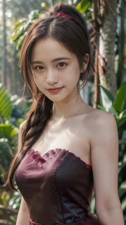 (Masterpiece:1.4), CG Unity 8K walpaper, ((realistic: 1.2)), Ray tracing, K, 22-year-old beautiful girl, Asian realistic girl, Ultra realistic, Ultra HD, 1 woman, blacK hair, long hair, ponytail, stand, Abandoned in the forest, Green plants, rain forest, soft light,  morning light, There is fog in the morning., realistic, smooth face, full body shot, ((Burgundy Sweetheart Tulle High Low Homecoming Dress)), perfect eyes, Beautiful smile, ((smile: 1.2)), Stylish looK, sexy corner, realistic SKin, perfect youthful body, Baby Photos , detailed bacKground, Detailed sKin, ((Set details)), Long BlacK hair, movie light, ((film photography)), ((High-definition dress quality)), High resolution image quality,