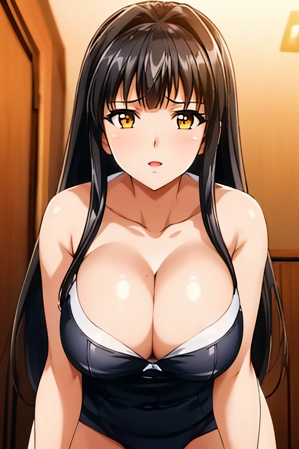 Black underwear, black lace, Simple white background,clavicle, cleveage, , Yellow Eye, black hair,Bangs,long_hair, 1 girl, 20 years,Young women,fair Finger,fair long legs,fair body, fair Nose,fair character design, perfect Eye, perfect Face,expressive Eye,Perfect balance, Looking at the audience,(Focus on her Face),Shut up, (Innocent_Large target_Eye:1.0),(Light_Smile:0.3), official art,Extremely detailed CG unified 8k wallpaper, Perfect lighting,rich and colorful, bright_front_Face_Lighting,White skin, (masterpiece:1.0),(the best_quality:1.0), Ultra-high resolution,4K,Super detailed , 8k, HDR, high resolution, absurd:1.2, Kodak Portrait 400, Film Grain, Blurred background, Bokeh:1.2, 镜头Light晕, (Energetic_color:1.2),Professional photographer, (fair,Large target_breast:1.4), (fair_Face:1.5),(narrow_waist)