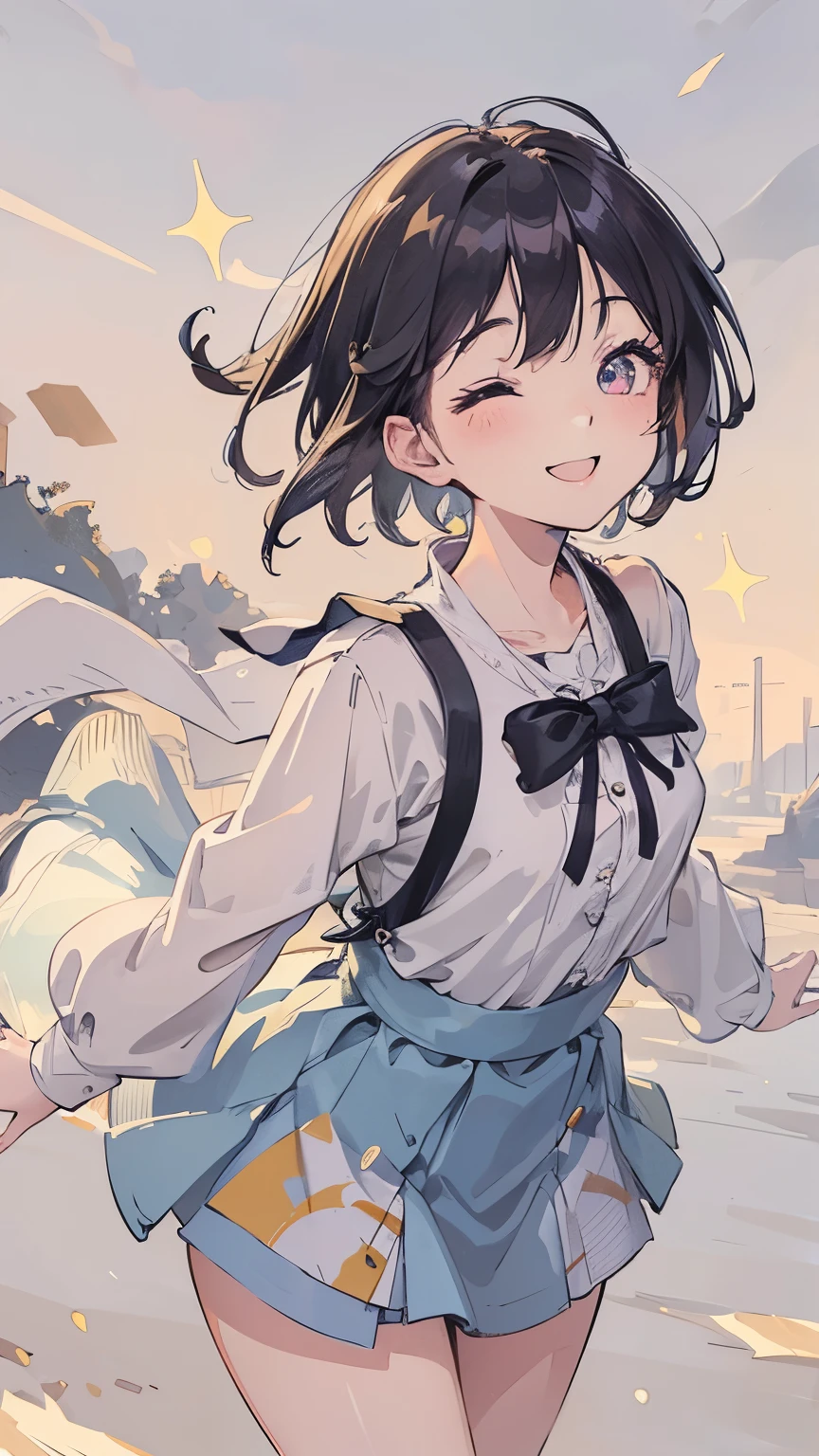 image from above front, best quality, super fine, 16k, incredibly absurdres, extremely detailed, beautiful girl with cute short hair, smiling, eyes closed, approach me, wearing cute clothes fashion, sparkling images, wind, wind-effect, shining-effect, background park, professional lighting