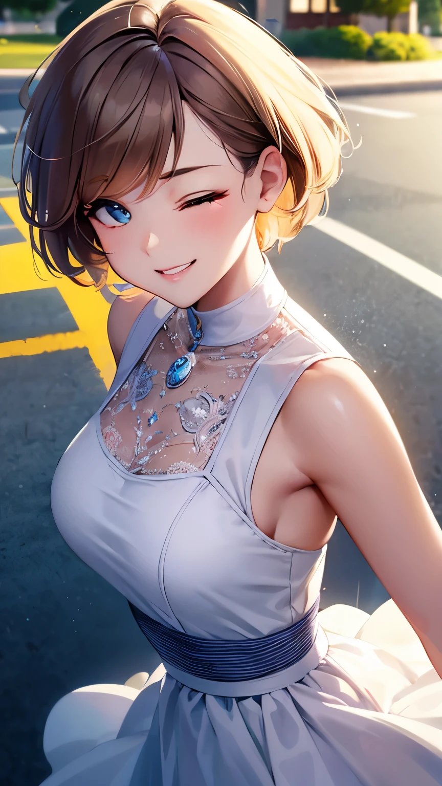 image from above front, best quality, super fine, 16k, incredibly absurdres, extremely detailed, beautiful girl with cute short hair, smiling, eyes closed, approach me, wearing cute clothes fashion, sparkling images, wind, wind-effect, shining-effect, background park, professional lighting