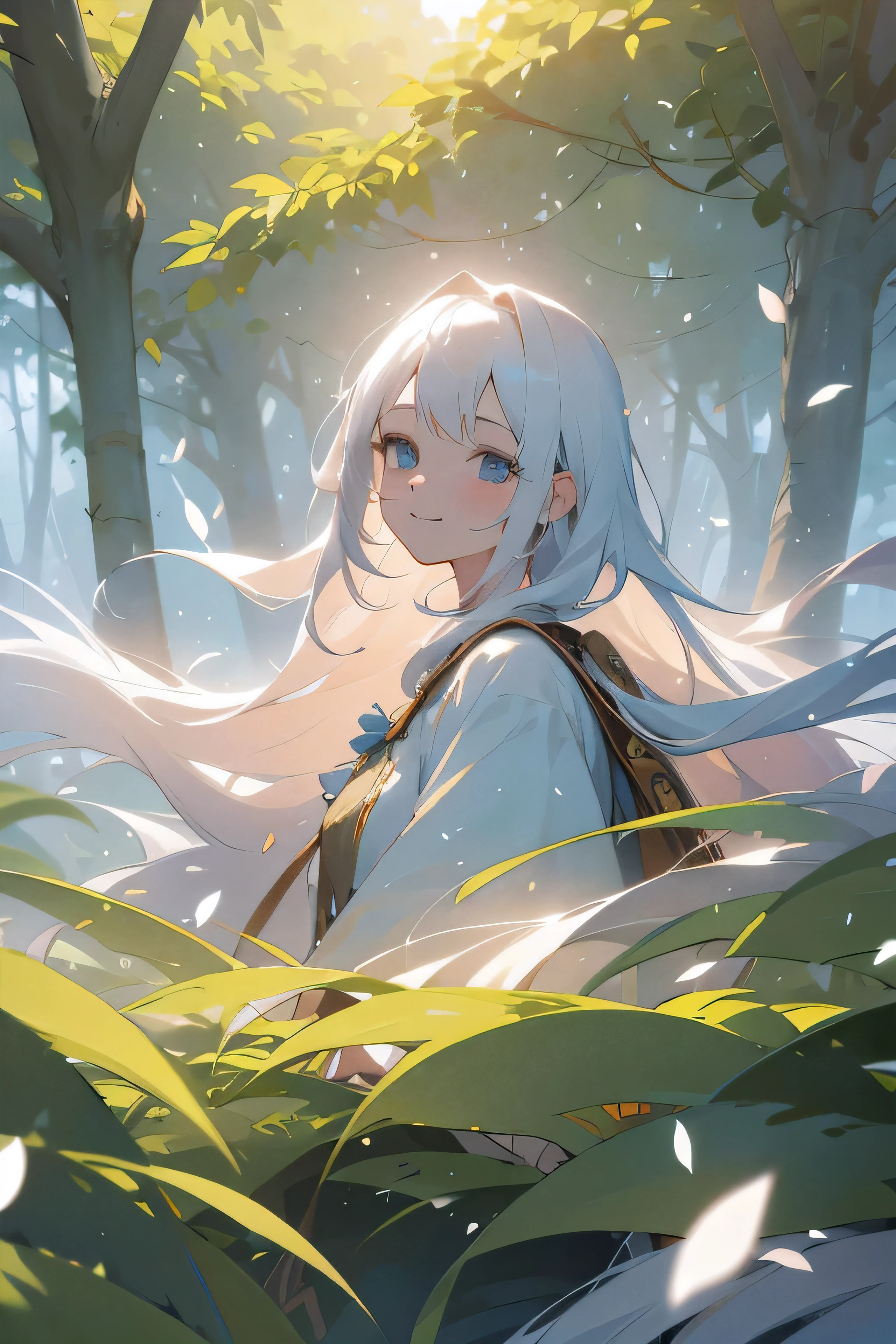 (top quality, masterpiece, ultra-realistic,4k), one beautiful delicate portrait of a girl with long hair, white hair, smiling, soft and peaceful expression, big round sparkling eyes,quality eyes , the background landscape is a jungle with petals and puffs flying around, The girl stands next to the old tree, this is a panoramic picture. --v6 eyes filled with stars.