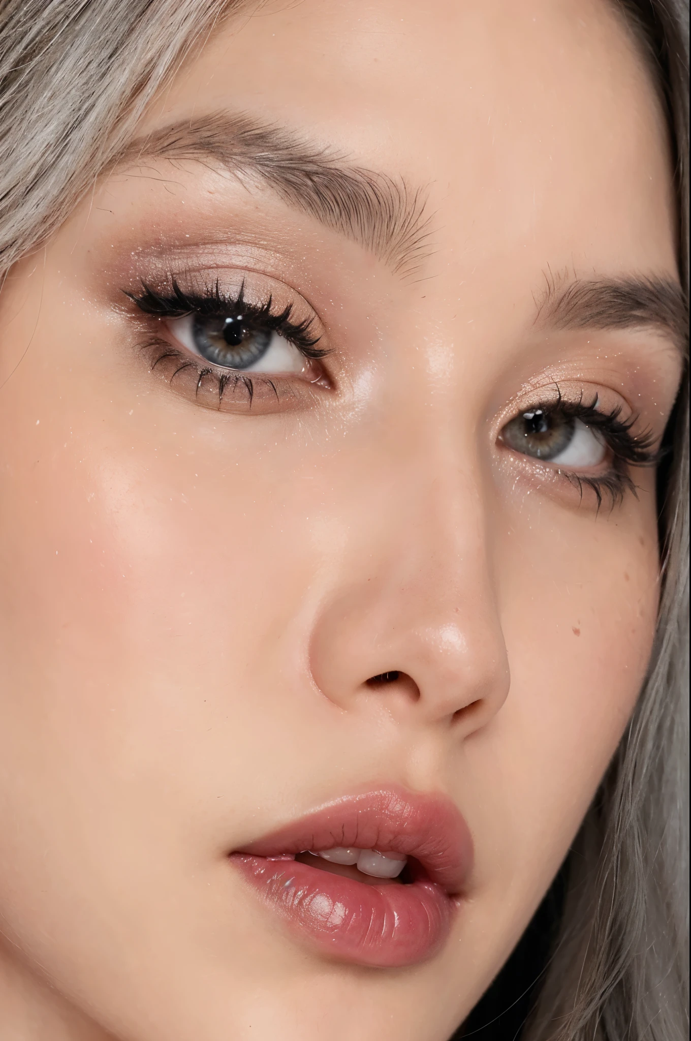 a closeup of a woman with gray hair and pink lipstick, maquillaje coreano popular, maquillaje popular de corea del sur, maquillaje suave, beautiful pale makeup, cara sexy con maquillaje completo, cara puntiaguda y ojos grises, pale milky white porcelain skin, maquillaje ligero, lindos ojos redondos e inclinados, maquillaje sutil, rasgos de la cara coreana, Hermoso rostro estetico, ojos brillantes