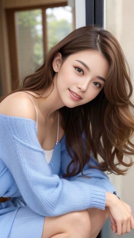 highest quality，masterpiece，超A high resolution，RAW Photos，One Girl，Loose perm hair、length、brown hair、Arms crossed、Japanese、Loose perm hair、length、brown hair、smile、Arms crossed、Professional photography、Same skin type as humans、A woman dressed in Japan from head to toe、Blur the background、Anatomical accuracy、Very detailed and beautiful、Ultra HD、length、Her hair is flowing and sexy、Very detailed beautiful girl、Shoulder-length hair、sweater、shopping、window shopping、underwear department、big mirror
