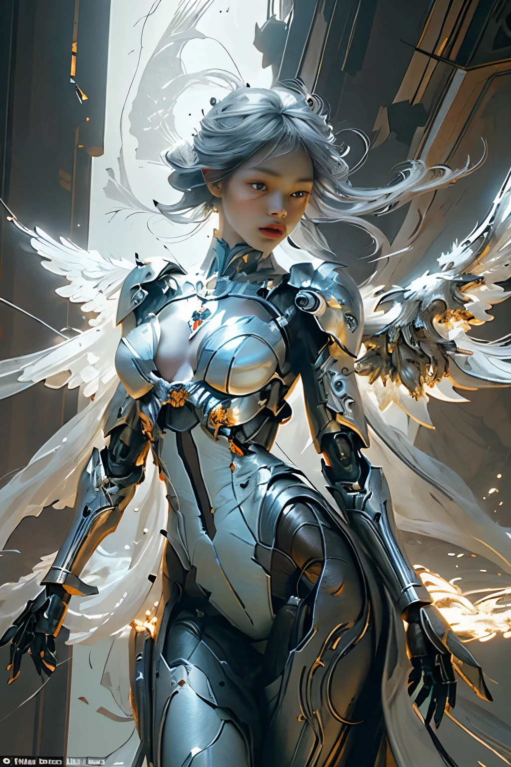 In this captivating image, a Battle Robot Angel comes to life, showcasing her highest quality, masterpiece form. Surrounded by the futuristic cityscape, she spreads her large metal wings, shimmering in the Octane Rendering light. Her white porcelain body, covered by an acrylic transparent cover, reveals intricate, ultra-realistic details.

The cyborg girl, 1 in number, possesses gray hair that gleams under the global illumination. Her glowing skin radiates an ethereal sheen, contrasting beautifully with the dark black shadow cast by her frame. All the while, her eyes shine brightly, reflecting the ne