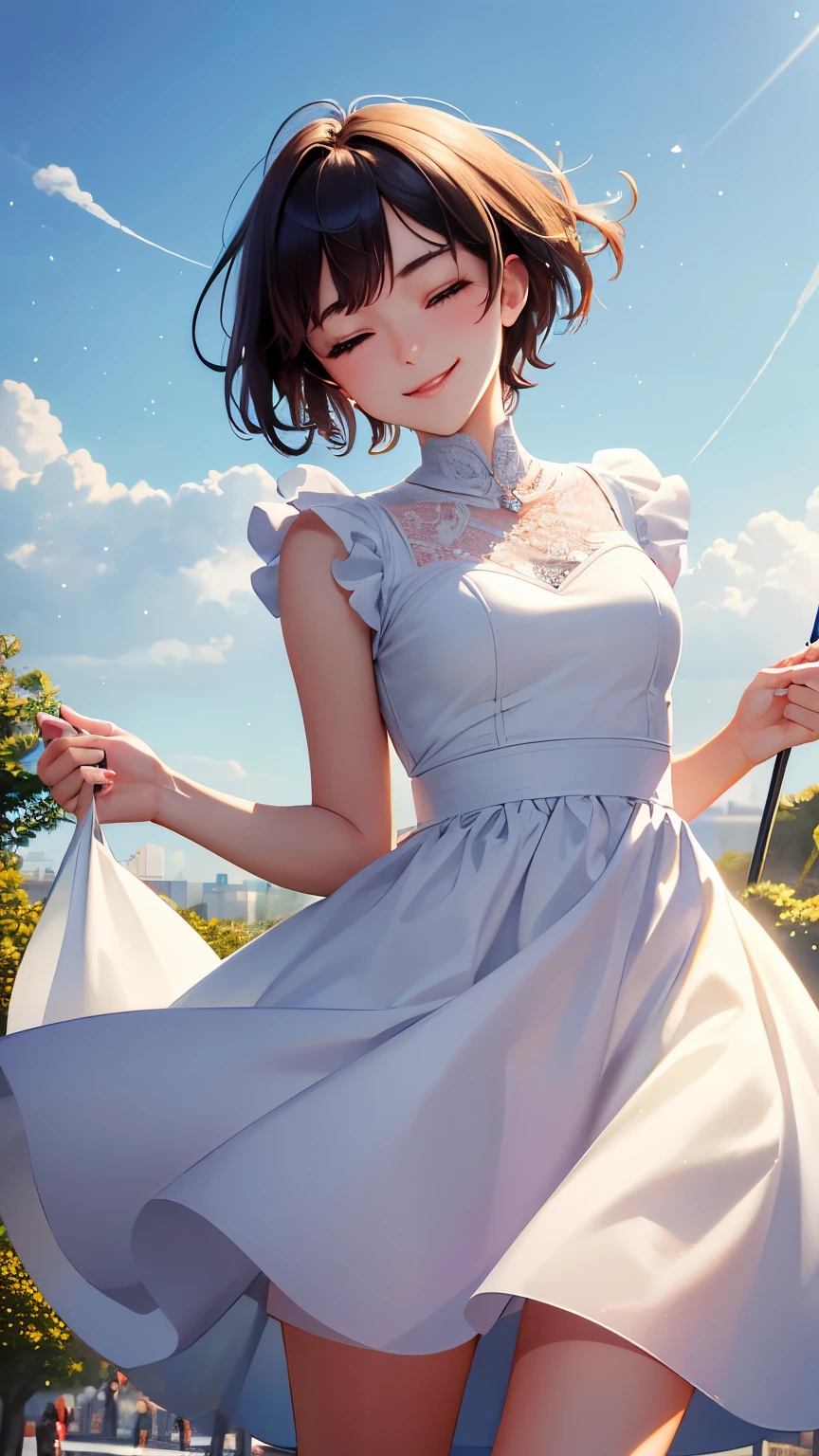 image from above front, best quality, super fine, 16k, incredibly absurdres, extremely detailed, beautiful girl with cute short hair, smiling, eyes closed, approach me, wearing cute clothes fashion, sparkling images, wind, wind-effect, shining-effect, background park, professional lighting