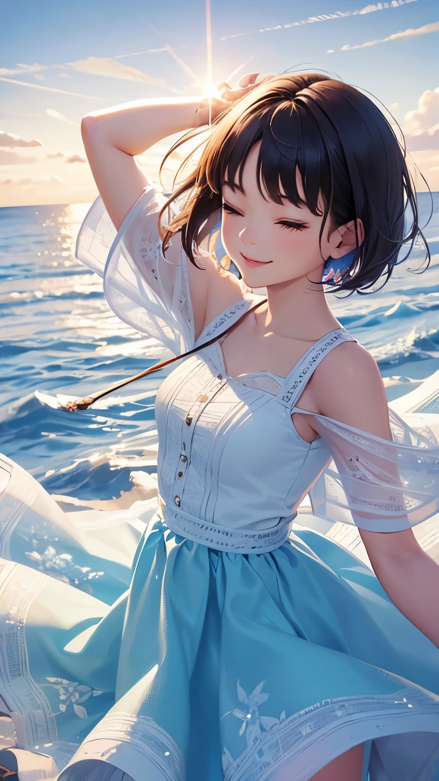 image from above front, best quality, super fine, 16k, incredibly absurdres, extremely detailed, beautiful girl with cute short hair, smiling, eyes closed, approach me, wearing cute clothes fashion, sparkling images, wind, wind-effect, shining-effect, background park, professional lighting