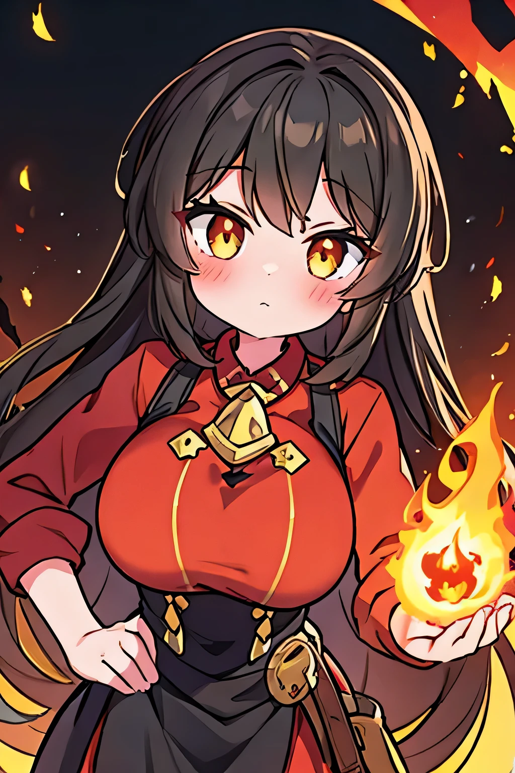 1girl, cute young girl, solo, blush, (Charcoal Brunette hair), ((slightly messy hair)), (very long hair), Beautiful Amber eyes, ((excessively large Breasts)), ((Massive Breasted)), a (Red shirt with a flame pattern at the edges), Black hood, Black Skirt, Putting one hand on her hip, and has her other hand open with a little flame on it, with a focused facial expression. ((detail face)), 8k, super detail, masterpiece, high quality, high resolution, high detail, high face detail, HD quality, very cute, bright, very wide hips, she is learning to be a “Pyromancer” or “Fire Mage”,