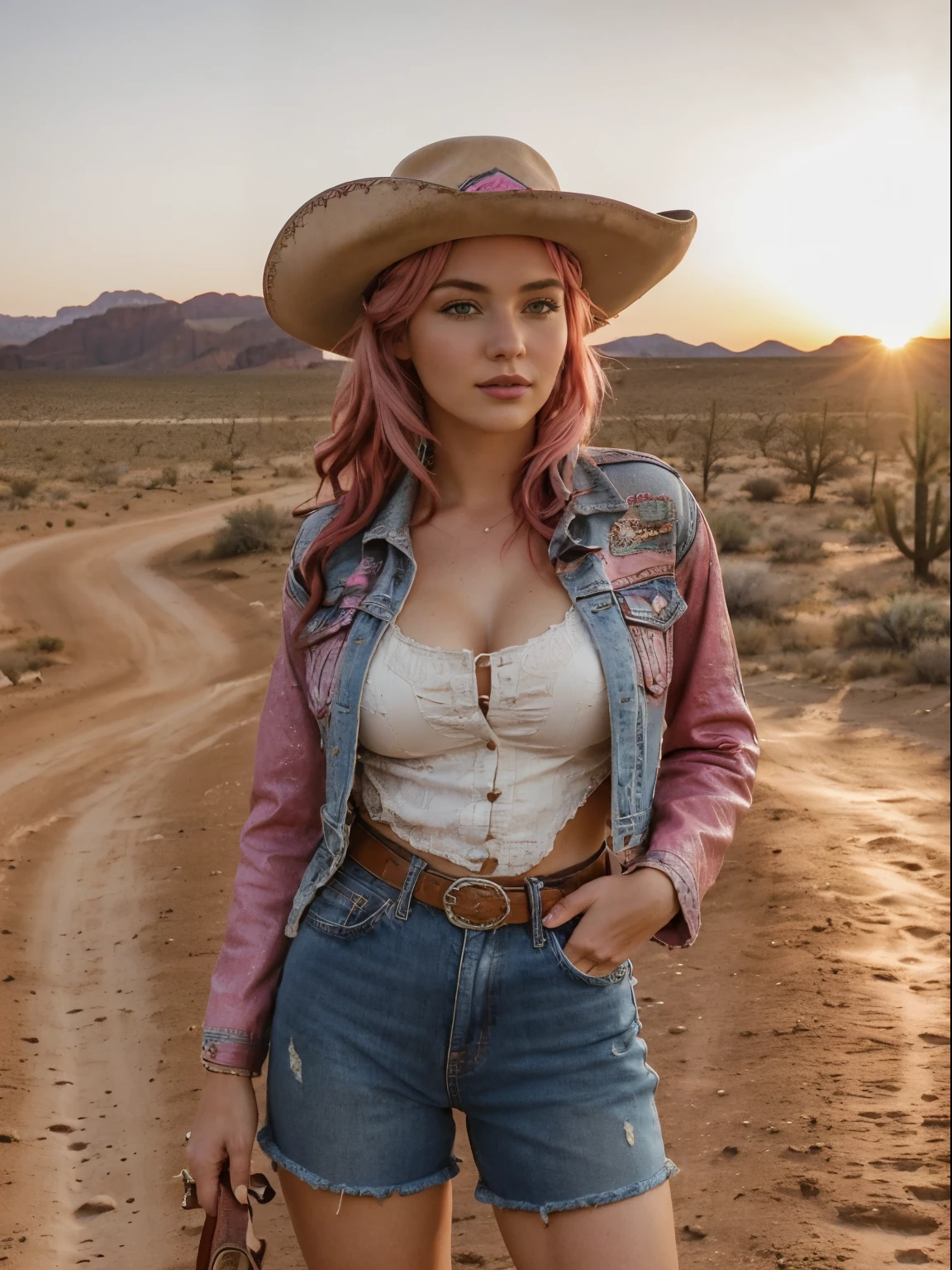 An Hot 18-year-old cowgirl woman in Western style with pink hair, Big breasts (best quality, highres, photorealistic) portrait, vibrant colors, detailed eyes and lips, flowing pink hair, stylish hat, denim jacket, leather boots, horse in the background, dusty desert landscape, (studio lighting, sharp focus), vintage filter, sunset color palette.