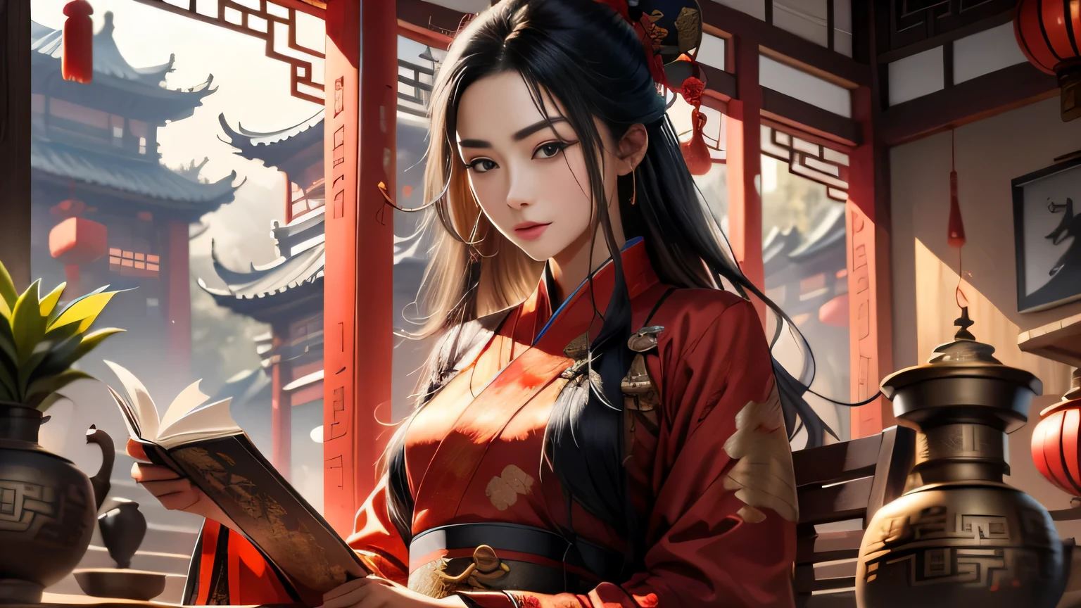 In ancient Chinese rooms, there is a wooden house with a girl reading a book. She has long black hair and is dressed in Hanfu