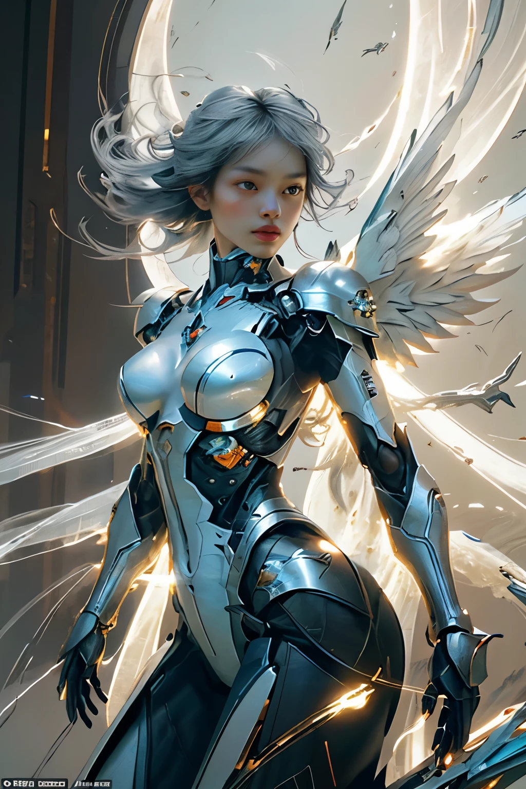 In this captivating image, a Battle Robot Angel comes to life, showcasing her highest quality, masterpiece form. Surrounded by the futuristic cityscape, she spreads her large metal wings, shimmering in the Octane Rendering light. Her white porcelain body, covered by an acrylic transparent cover, reveals intricate, ultra-realistic details.
The cyborg girl, 1 in number, possesses gray hair that gleams under the global illumination. Her glowing skin radiates an ethereal sheen, contrasting beautifully with the dark black shadow cast by her frame. All the while, her eyes shine brightly, reflecting the ne