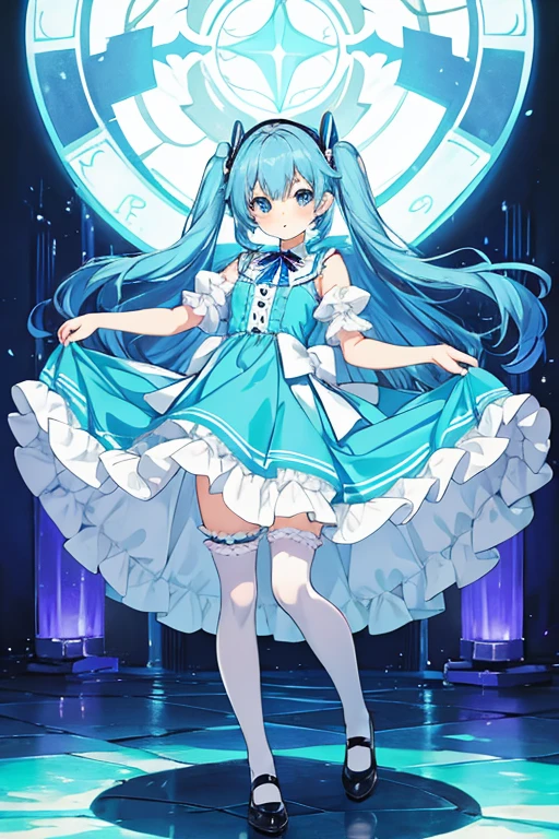 Masterpiece, best quality, ultra detailed, extremely detailed,1girl, evil smiling, looking at viewerery,flat chest,blue hair,twintails,middle hair,sky blue eyes, (((petite))), slim thighs,trading card,holofoil,text,ice,frozen