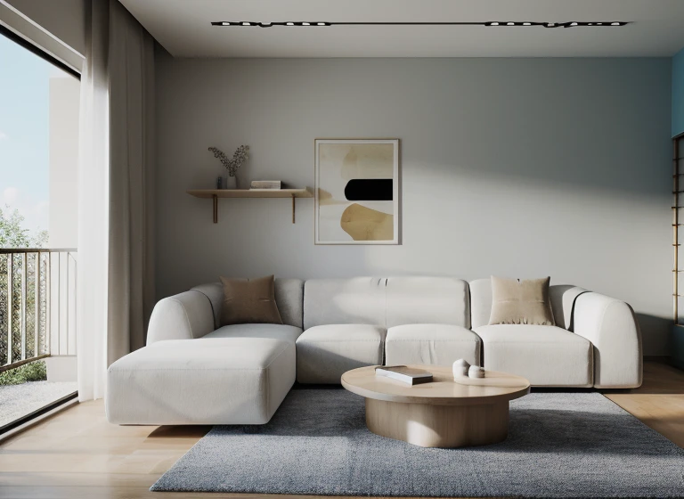 Raw photo,Masterpiece, high quality, best quality, authentic, super detail, interior, indoors, living room style wabi sabi, soft curves, daylight,blue sky,