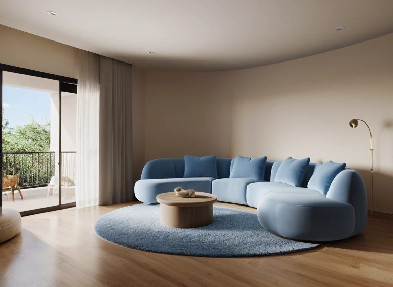 Raw photo,Masterpiece, high quality, best quality, authentic, super detail, interior, indoors, living room style wabi sabi, soft curves, daylight,blue sky,