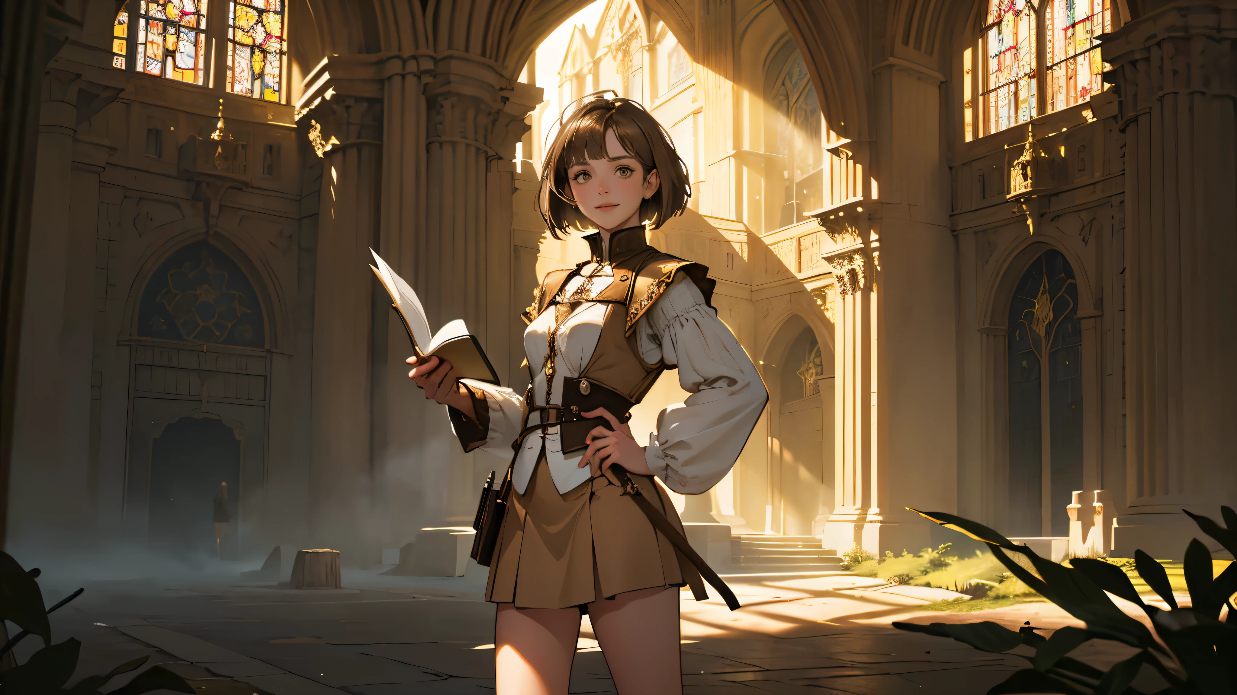 masterpiece, super detailed, 8K portrait, RAW photo, portrait photography, whole body, highly detailed face, ((fantasy)), young and beautiful, 27 years old, solo, smile, ((((reception))), Are standing, (((Light brown short bob hair))) fluttering in the wind, dull bangs, ocher long puffy sleeve clothes, Yellow waistcoat, short skirt, ((notebook in hand)), Morning sun, surreal, body model, small breasts, beautiful breasts, long legs, In the medieval adventurer's guild, environmental lighting, shadow details , focus the camera on the face, strong wind, light fog
