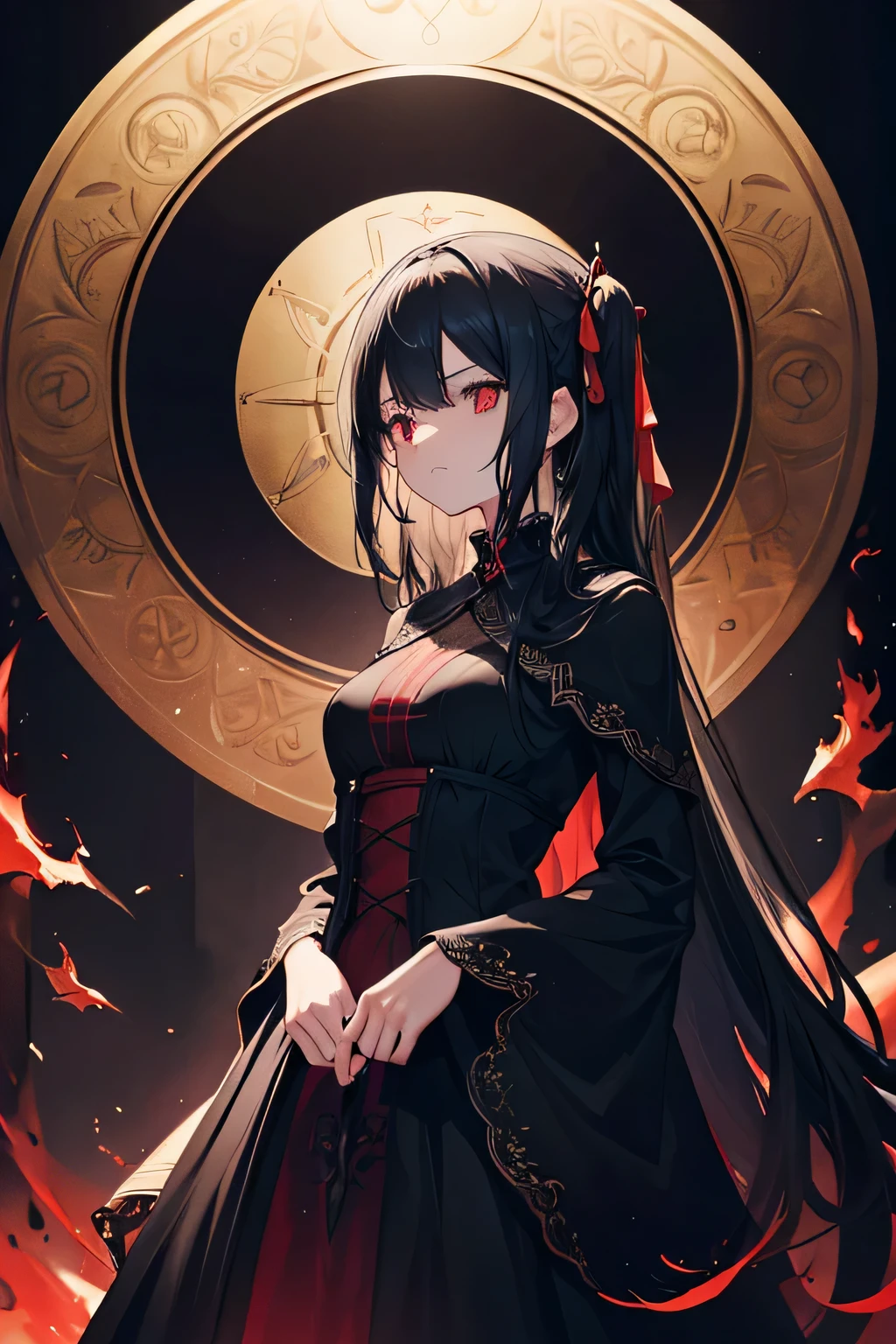 (best quality,high resolution,masterpiece:1.2),Super detailed,(actual:1.37),dark and mysterious,Gothic,anime girl,night setting,Rain of blood,Demonic breath,ominous clouds,unforgettably beautiful,Ethereal moonshine,weird shadow,strong contrast,creepy,artistic masterpiece,Detailed texture,dark palette,ominous atmosphere,Impressive artistry,Exquisite details,Gothic architecture,dramatic lighting,Vibrant red hue,ominous numbers,Strange symbols,Surreal elements