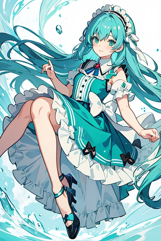 Anime girl, with blue hair, wearing a cute green lolita dress, white stockings, light blue dress shoes