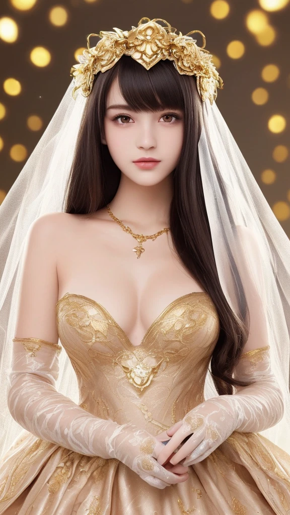 Super high Quality, Masterpiece, High Resolution, 1Girl, Blush, (Seductive Smile: 0.8), Star Pupil,  eye, normal , perfect body shape ratio, bare face, body goals girl, ideal girl, perfect girl, she's my girlfriend、full body Esbian、perfect anatomy, detailed anatomy, A dark-haired, cute bangs, long straight dark hair, sweet smile, stunning face, good girl, sigma girl, idol, key of visual, gorgeous face, perfect visual, perfect body, elegant diamond necklace, perfect necklace, sweetheart, exotic veil, bright veil, perfect veil, elegant veil, white dress, long sleeved dress, elegant dress, the dress covered by gold pattern, beautiful pattern, perfect dress, detailed dress, a flower crown above her head((flower crown:2,4)), detailed flower crown, elegant gloves covered by gold 24 carat, front view, full body looks, perfect camera, HD quality, high picture quality、celestial palace background, photo on golden ratio, perfect ratio photograph, 8K UHD, DSLR, Soft Light, High Quality, Volume Lighting, HDR on, High Resolution, 4K, 8K, Background Bokeh