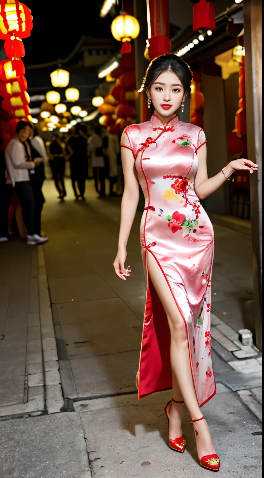 (8k, RAW Photos, highest quality, masterpiece:1.2),(Pink floral long cheongsam qipao,slit:1.3),long black hair,Smile,Big black eyes,Lip gloss,necklace,Stiletto heels,(Yokohama Chinatown:1.5),(whole body:1.5),(Cute face:1.3),(Huge breasts:1.3),(High heels:1.3),(big hips 1.3),(Medium thighs:1.3),(Playful eyes:1.1),(Bright red lips:1.1),(Fine skin:1.3),(Accurate and perfect human anatomy:1.3),(Exquisite and perfect facial features:1.3), (Long eyelashes:1.3),(Bright red lips:1.3),(lips are shiny and、Textured:1.3),(Fine skin:1.3),(Earrings:1.3),(Beautiful fine details:1.1),(Natural color lip:1.1),(Graceful Face:1.3),Look straight at the camera:1.3