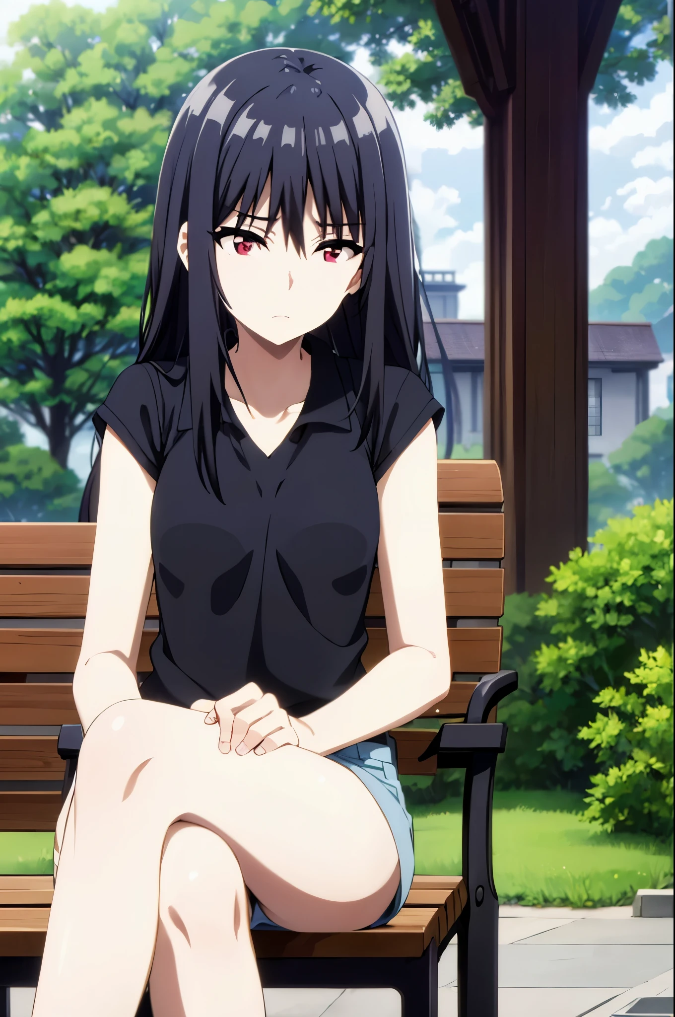 black hair,red eyes,masterpiece, best quality, high quality,(sitting on the bench in the park,crossed legs)
