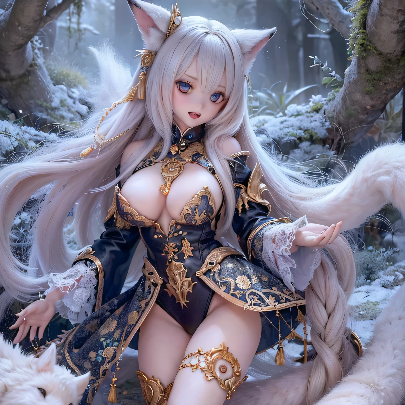 (best quality, highres, realistic:1.37),ultra-detailed, beautiful detailed eyes,beautiful detailed lips,extremely detailed eyes and face,longeyelashes,1girl,portrait,sharp focus,vivid colors,soft lighting,Fenrir girls,big breasts,fantasy elements,snowy landscape,ice magic,enchanted forest,flowing hair,ethereal beauty(((((full body)))))(((((fight)))))cute Show your fangs and threaten